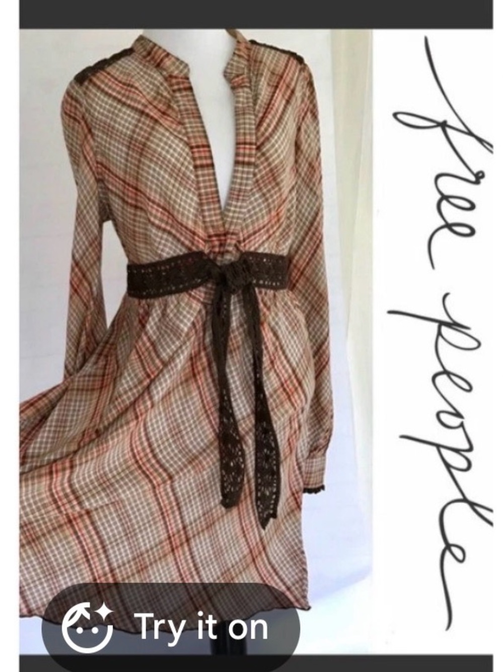 Free People Plaid Shirt Dress with Crochet Tie Belt - Brown, Cream, Rust
